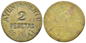 GUERRA CIVIL. 2 pesetas. Ayuntamiento de Arahal. Latón 5,63 g. 29,1 mm. VII-229; AC-43. MBC-.