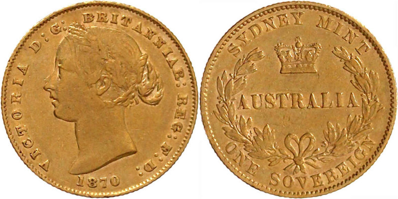 Australien
Victoria, 1837-1901
Sovereign 1870 mit AUSTRALIA. 7,99 g. 917/1000....