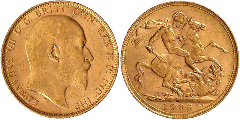 Australien
Edward VII., 1902-1910
Sovereign 1905 M, Melbourne. 7,98 g. 917/100...
