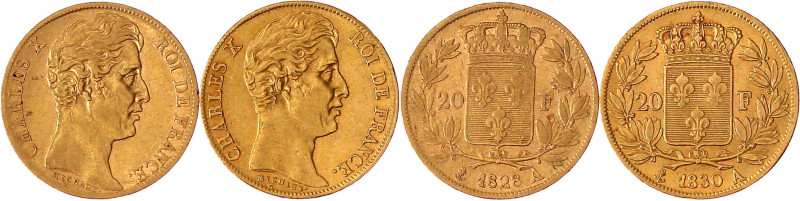 Frankreich
Charles X., 1824-1830
2 X 20 Francs: 1828 A, 1830 A, Paris. Je 6,45...