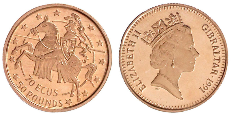 Gibraltar
Elisabeth II., 1952-2022
70 ECU/50 Pounds 1991 Ritter zu Pferd nach ...