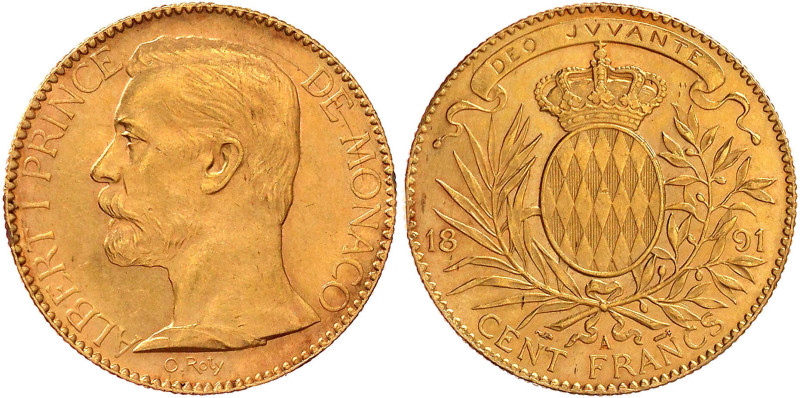 Monaco
Albert I., 1889-1922
100 Francs 1891 A, Paris. 32,26 g. 900/1000. vorzü...
