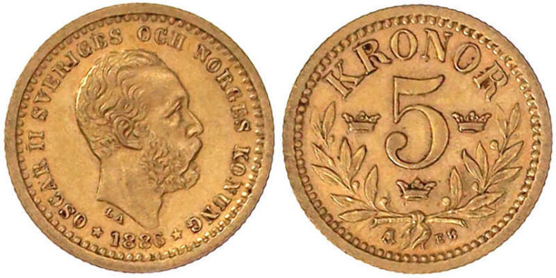 Schweden
Oscar II., 1872-1907
5 Kronor 1886 EB. 2,24 g. 900/1000. vorzüglich. ...
