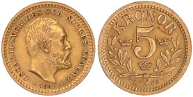 Schweden
Oscar II., 1872-1907
5 Kronen 1901 EB. 2,24 g. 900/1000. vorzüglich/Stempelglanz. Friedberg 95a.