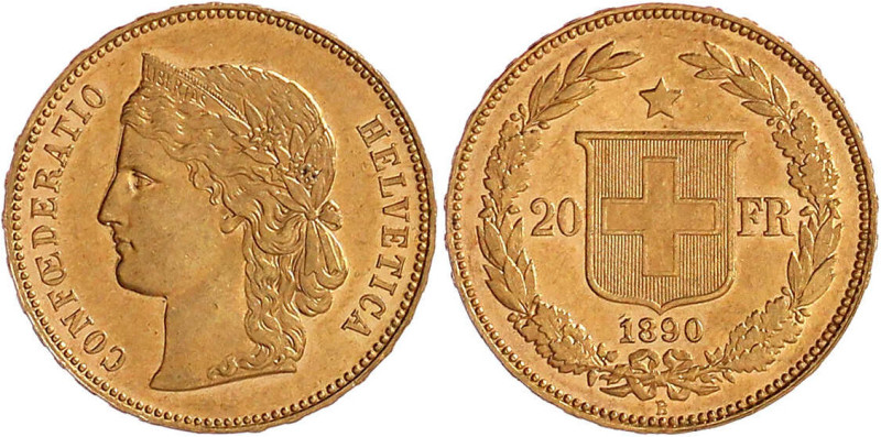 Schweiz
Eidgenossenschaft, seit 1850
20 Franken 1890 B. Helvetia. 6,45 g. 900/...