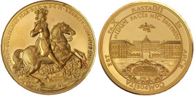 Baden-Rastatt
Große Goldmedaille 1955. Türkenlouis Gedenktag/Markgraf von Baden zu Pferd/Schloß. 50 mm, 70,62 g. Gold 900/1000. fast Stempelglanz