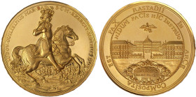 Baden-Rastatt
Große Goldmedaille 1955. Türkenlouis Gedenktag/Markgraf von Baden zu Pferd/Schloß. 50 mm, 70,60 g. Gold 900/1000. fast Stempelglanz