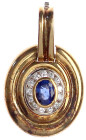 Colliers und Halsketten
Ovaler Anhänger Gelbgold 750/1000 "Dölker" mit großem Saphir im Ovalschliff (ca. 0,20 ct) und 13 kl. Brillanten. 16 X 18 mm; ...