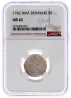 Dänemark
Frederik IV., 1699-1730
8 Skilling 1702, Glückstadt Kopf n.r./Krone. Im NGC-Blister mit Grading MS 62 (bisher wurden erst 2 Ex. höher gegra...
