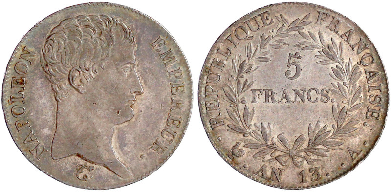 Frankreich
Napoleon I., 1804-1814, 1815
5 Francs An 13 = 1804/1805 A, Paris. v...
