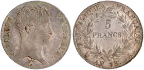 Frankreich
Napoleon I., 1804-1814, 1815
5 Francs An 13 = 1804/1805 A, Paris. vorzüglich/Stempelglanz, winz. Kratzer, schöne Patina Exemplar Künker A...