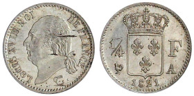 Frankreich
Ludwig XVIII., 1814, 1815-1824
1/4 Franc 1821 A, Paris. fast Stempelglanz, kl. Schrötlingsfehler. Gadoury 352.