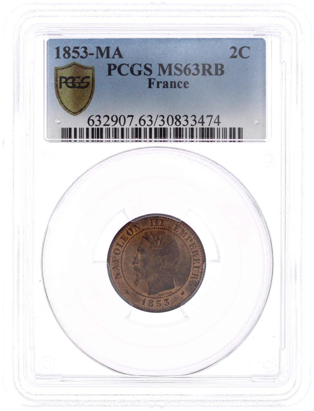 Frankreich
Napoleon III., 1852-1870
2 Centimes 1853 MA, Marseilles. PCGS Gradi...