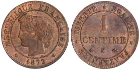 Frankreich
Dritte Republik, 1870-1940
Centime 1872 K. fast Stempelglanz, Prachtexemplar mit schöner Tönung. Krause/Mishler 826.1.
