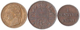 Frankreich
Lots
3 Stück: Essai in Bronze der Genfer-Münze in 1/2 Franc-Größe o.J. (1843). 1,91 g. V.G. 2945. Essai de Bronze zu 1 Centime 1851. 1,52...