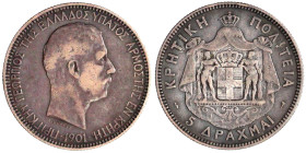 Griechenland-Kreta
Prinz Georg, 1898-1906
5 Drachmai 1901. fast sehr schön. Krause/Mishler 9.