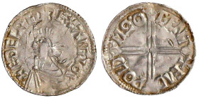 Grossbritannien
Aethelred II., 978-1016
Penny, long cross type o.J. (997/1003), Canterbury, Mzm. EADPOLD. 1,61 g. sehr schön, Prägeschwäche, gewellt...