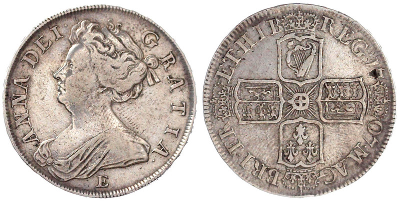 Grossbritannien
Anne, 1702-1714
Halfcrown 1707 E, SEXTO. fast sehr schön, Schr...