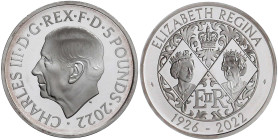 Grossbritannien
Elisabeth II., 1952-2022
5 Pounds Silber 2022, auf das 70. Regierungsjubiläum, schon mit dem Portrait von Charles. In Originalschatu...