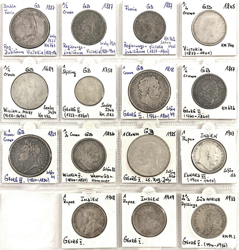 Grossbritannien
Lots
15 Silbermünzen, GB und Kolonien. Doubleflorin, Halfcrown...