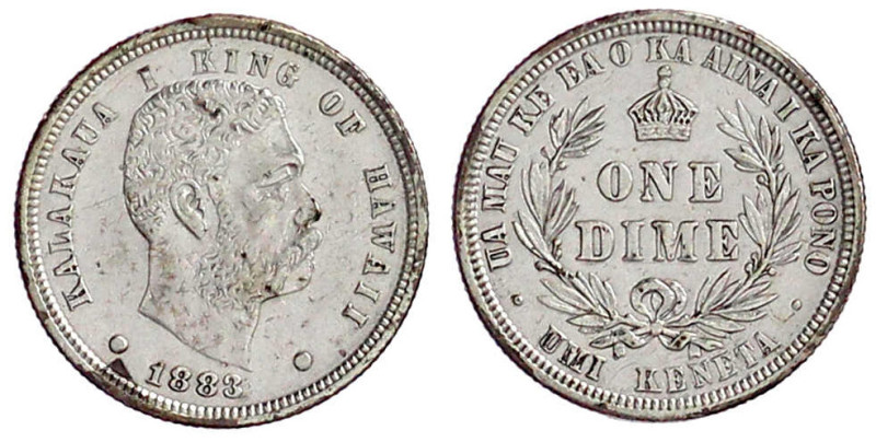 Hawaii
Kalakaua I., 1874-1891
One Dime 1883. sehr schön, zaponiert. Krause/Mis...