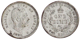 Hawaii
Kalakaua I., 1874-1891
One Dime 1883. sehr schön, zaponiert. Krause/Mishler 3.