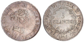 Italien-Lucca
Elisa Bonaparte und Felix Bacciocchi, 1805-1814
5 Franchi 1805. sehr schön/vorzüglich. Krause/Mishler 24.2. Pagani 244.