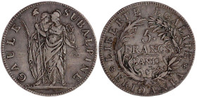 Italien-Piedmont (Casale)
Subalpine Republik, 1798-1801
5 Francs Jahr 10 = 1801. sehr schön. Davenport. 197. Pagani 6.