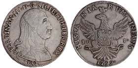 Italien-Sizilien
Ferdinand III., 1759-1825
Piastra (120 Grana) 1799 J UI Neapel. 27,08 g. sehr schön, Stempelfehler. Varesi 603/5. Davenport. 1425.