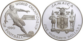 Jamaika
British Commonwealth, seit 1962
100 Dollars Großsilbermünze 1990. Fußball-Weltmeisterschaft, 136.08 g. 925/1000, 63 mm. In Kapsel. Polierte ...