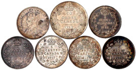 Kanada
Georg V., 1910-1936
7 Silbermünzen: 5 Cents 1912, 1913, 1914, 1917, 1919, 1920, 10 Cents 1912. meist vorzüglich und besser