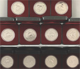 Kanada
Elisabeth II., 1952-2022
11 X 1 Dollar Silbergedenkmünze 1979. Handelsschiff Griffon. Je 23,32 g., 500/1000 Silber. Jeweils im Etui mit Umver...