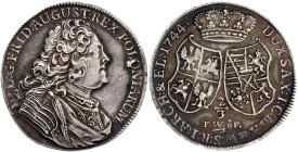 Polen
August III. v. Sachsen, 1733-1763
2/3 Taler 1744 FWoF, Dresden. 13,70 g. sehr schön/vorzüglich, Stempelfehler, Avers Felder berieben. Kahnt 54...