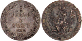 Polen
Nikolaus I. von Rußland, 1825-1855
5 Zlot. = 3/4 Rubel 1839 MW, Warschau. sehr schön, kl. Randfehler, schöne Patina. Craig 133. Bitkin 1145....