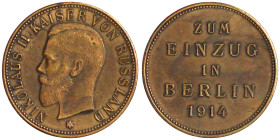 Russland
Nikolaus II., 1894-1917
Bronze-Propagandamedaille 1914 a.d. (nicht erfolgten) Einzug in Berlin. Brb. n.l./Schrift. 28,6 mm. gutes vorzüglic...