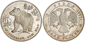 Russland
Russische Republik, seit 1991
3 Rubel Silber 1993, Braunbär. Aufl. max. 5000 Ex. In Kapsel. Polierte Platte, leichte Patina. Parch. 1008. S...