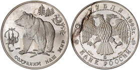 Russland
Russische Republik, seit 1991
3 Rubel Silber 1993, Braunbär. Aufl. max. 5000 Ex. In Kapsel. Polierte Platte, leichte Patina. Parch. 1008. S...