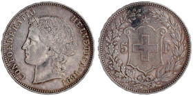 Schweizerische Eidgenossenschaft
5 Franken 1891 B. Helvetia. sehr schön. Divo/Tobler 297. HMZ 2-1198d.