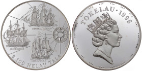 Tokelau
Unter neuseeländischer Verwaltung/Elisabeth II., 1952-2022
100 Tala 1 Kilo Silbermünze 1996. Segelschiffe General Jackson, HMS Dolphin und H...