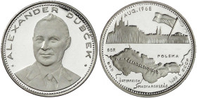 Tschechoslowakei
Republik
Silbermedaille 1968 auf Alexander Dubcek. Brustb. v.v./Landkarte, darüber Stadtsilhouette v. Prag mit Fahne. 30 mm, ca. 13...
