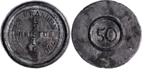 Aachen
Freie Reichsstadt
Bleimarke "50" 1790 IESUS CHRISTUS HEIL DER KRANKEN. Spendenmarke der evangel. Gemeinde Vaalse. 38 mm. sehr schön
