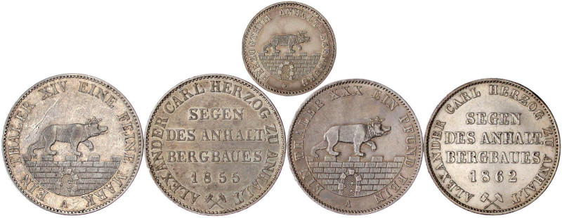 Anhalt
Lots
5 Stück: Ausbeutetaler 1852, 1855, 2 X 1862 und 1/6 Taler 1856. Te...