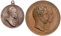 Anhalt
Lots
2 Stück: Bronzemedaille 1843 v. König. Auf seine Silberhochzeit mit Friederike, Prinzessin von Preußen. Beider Köpfe nebeneinander r./He...
