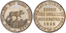 Anhalt-Bernburg
Alexander Carl, 1834-1863
Ausbeutetaler 1852 A. Kratzer, sonst vorzüglich. Jaeger 66. Thun 3. AKS 16. Davenport. 504.