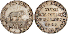 Anhalt-Bernburg
Alexander Carl, 1834-1863
Ausbeutetaler 1855 A. fast vorzüglich. Jaeger 66. Thun 3. AKS 16. Davenport. 504.