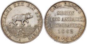Anhalt-Bernburg
Alexander Carl, 1834-1863
Ausbeutetaler 1862 A. sehr schön/vorzüglich, winz. Kratzer und etwas berieben. Jaeger 73. Thun 6. AKS 17....