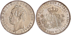 Anhalt-Dessau
Leopold Friedrich, 1817-1871
Vereinstaler 1863 A. Auf die Wiedervereinigung der Linien zu Anhalt. vorzüglich/Stempelglanz. Jaeger 77. ...