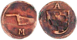 Bayern
Albrecht V. der Großmütige 1550-1579
Kupfer Maurermarke o.J. A über Rautenwappen/quer-liegende Maurerkelle, darunter M. 17 mm sehr schön, seh...