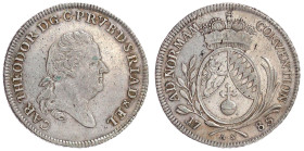 Bayern
Karl Theodor, 1777-1799
Konventionstaler 1785, Mannheim. Für die Rheinpfalz. 27,89 g. vorzüglich, winz. Kratzer. Hahn 393. Davenport. 1959.