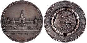 Bayern
Prinzregent Luitpold, 1886-1912
Versilberte Bronzemedaille 1896 auf die Bayerische Landesausstellung in Nürnberg. Ansicht des Industriegebäud...